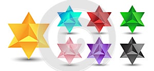 Set of vector stellated octahedrons, also called Stella octangula, and Polyhedra Hexagon, geometric polyhedral compounds photo