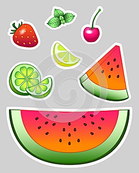 Set of vector stickers - fruits. Bright juicy fruits - Watermelon, lime, lemon, cherry and strawberry. And also mint leaves.