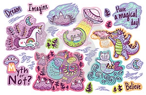 Set of vector stickers, patches with cute unicorn, Yeti, Dragon, cat and mermaid, lochness, ufo and Godzilla