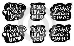 set of vector stickers with the words Jesus loves me and Jesus loves you