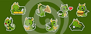 Set of Vector Stock Illustration isolated Emoji characters green cartoon dragon dinosaur