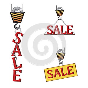 A set of vector stock illustrations with crane hook, metal chains and letters sale isolated on white background for dealers