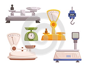 Set Of Vector Store Scales, Mechanical And Electronic Tools For Accurately Measuring And Weighing Goods In Retail