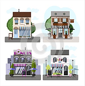 A set of vector stores, restaurants and cafes. Two-story donuts cafe, coffee house, ice-cream cafe and bakery. Flat