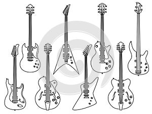 Set of vector stringed electric musical instruments drawn by lines.