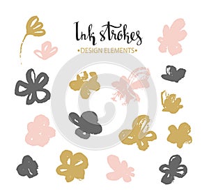 Set of vector stylish grunge pink and gold flowers.