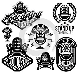 Set of vector stylish retro pattern with microphones, radio, podcast, show