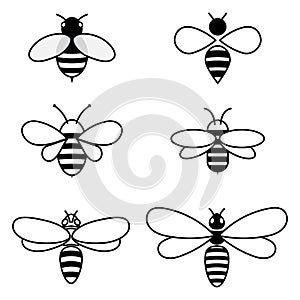 Set of vector stylized bees. Collection of logos with a honey bee. Icons with insects.