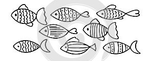Set of vector stylized fishes. Collection of aquarium fish. Linear Art. Illustration for children. Sketch of fish vector