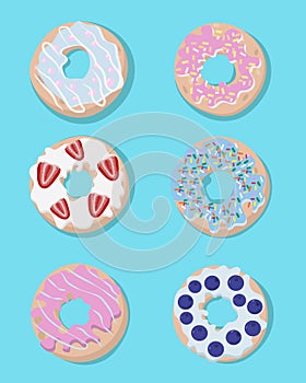 Set of vector, sweet colored donuts in modern flat style. Donut isolated for your design