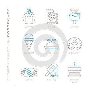 Set of vector sweet food icons and concepts in mono thin line style