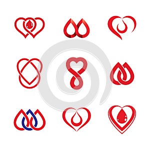 Set of vector symbols created on blood donation theme, blood transfusion and circulation metaphor. Medical care idea logotypes