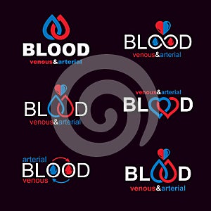 Set of vector symbols created on blood donation theme, blood transfusion and circulation metaphor. Medical care idea logotypes