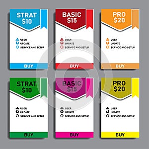 Set of vector tables of prices of multicolored with ribbons for the website and business