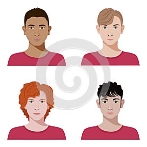 Set of vector teenagers or students diverse avatars in realistic flat style. Collection of youth characters