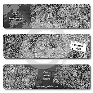 Set of vector template banners with watercolor paint abstract background and doodle hand drawn flowers.