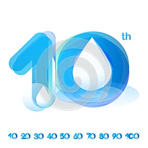 Set of vector template design illustration logotype number 10th-100th anniversary cool tone blue aqua water - rain drop fresh natu