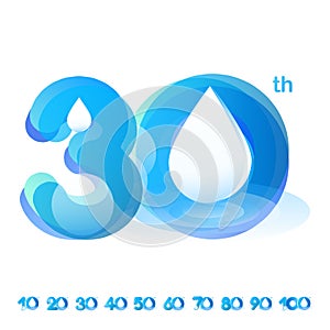 Set of vector template design illustration logotype number 10th-100th anniversary cool tone blue aqua water - rain drop fresh natu