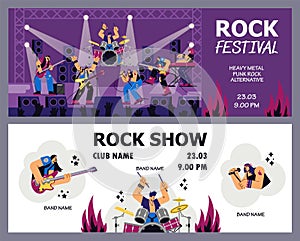 Set of vector template tickets Rock band show, festival. Guitar player, pianist, vocalist and drummer in