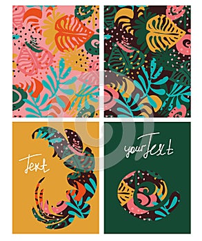 Set of vector templates with colored tropical leaves