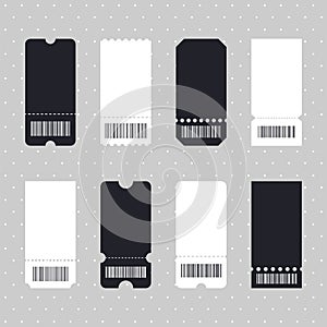 Set of vector templates entry tickets. Sale, discount, coupons with ruffle edges. Blank tickets. Concert, cinema cards
