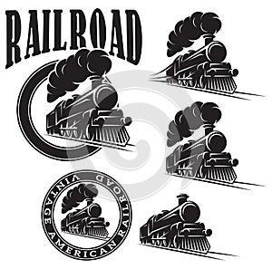 Set of vector templates with locomotive, vintage train photo