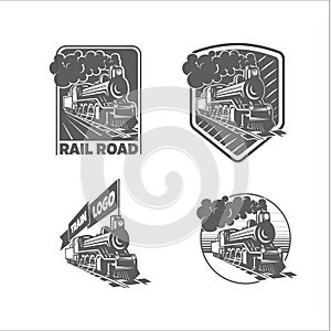 Set of vector templates with a locomotive. Vintage train, logotypes, illustrations.