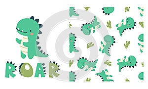 Set of vector templates for printing on children's products. Cute dinosaur and roar lettering. Seamless vector