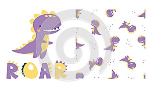 Set of vector templates for printing on children's products. Cute dinosaur and roar lettering. Seamless vector