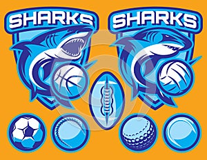 Set of vector templates for sports badges with sharks and balls