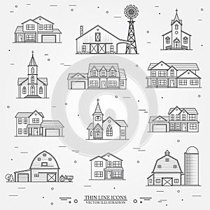 Set of vector thin line icon suburban american houses.