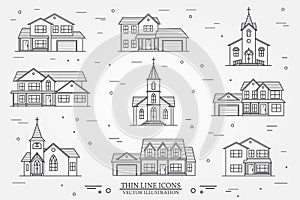 Set of vector thin line icon suburban american houses. For web