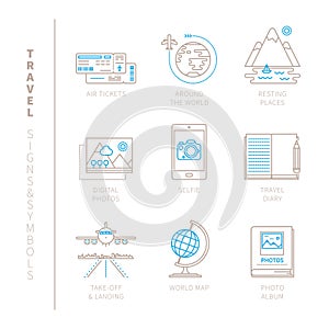 Set of vector travel icons and concepts in mono thin line style