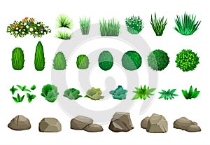 Set of vector trees bushes and stones