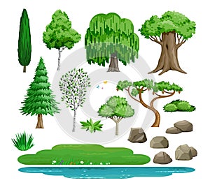 Set of vector trees bushes and stones