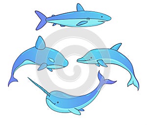 Set of vector underwater creatures with whales, shark, narwhal and dolphin