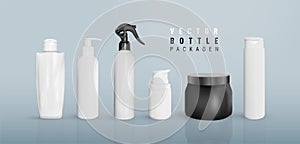 Set of vector various blank. Cosmetic container mock-ups, cream tube, including jar, pump bottle, and dropper. Cosmetic blank