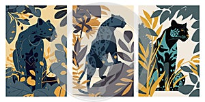Set of vector vertical banners with silhouettes of wild cats, leopards and leaves