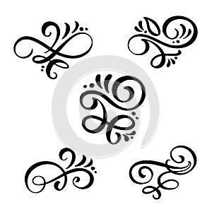 Set of vector vintage line elegant dividers and separators, swirl and corner decorative ornaments. Floral line filigree