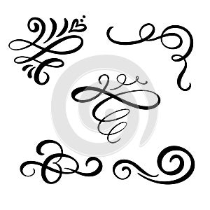 Set of vector vintage line elegant dividers and separators, swirl and corner decorative ornaments. Floral line filigree