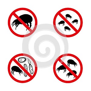 Set of vector warning signs about dust mites parasites.