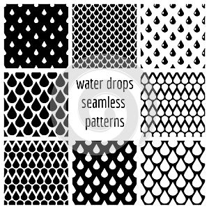 Set of vector water drops seamless patterns in black and white