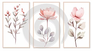 Set of vector watercolor hand drawn magnolia flowers, branches and leaves. Generative AI