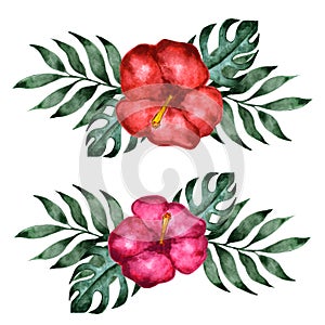 Set of vector watercolor tropical bouquet with red and pink rose hibiscus flower and palm leaves. Exotic hawaii