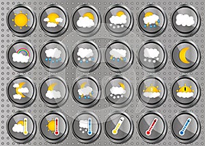 Set of 24 vector weather realistic metallic chrome flat round icons on modern metal background