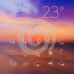 Set of Vector weather thin line icons on a blurred background