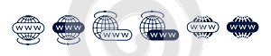 A set of vector website icons. A collection of Www icons with a globe. The internet icon. The icon in the Www search bar