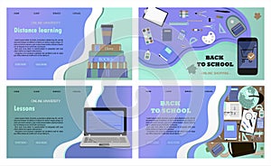 A set of vector websites for distance learning, online education and work. A flat illustration of the main page of the