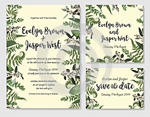 Set of vector wedding invitation, greeting card, save date. Frame of green leaves of fern, boxwood and eucalyptus twigs.