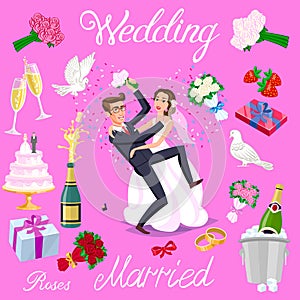 Set vector wedding just married couple with hearts avatars characters. roses flowers champagne cake newlyweds pigeons gifts rings